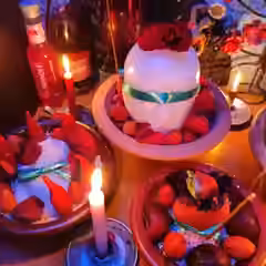Oferendas com velas acesas e flores vermelhas preparadas num altar.
